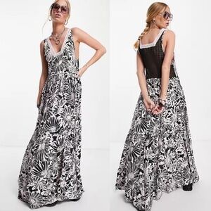 Free People Tiers For You Maxi Dress XS Washed Black Combo Boho Lace